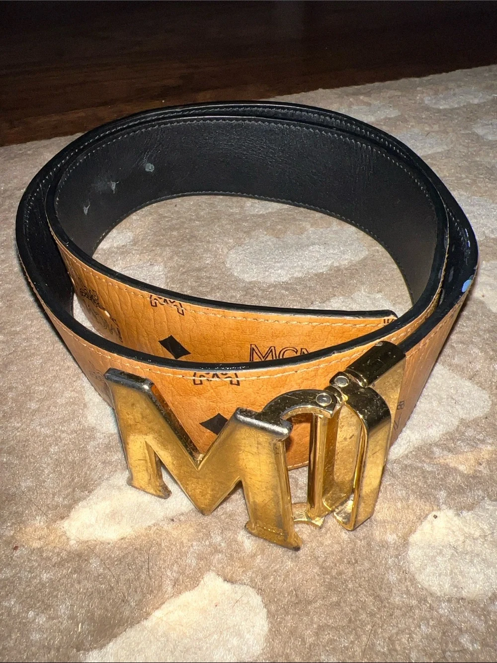MCM Reversible Leather Belt in Black and Tan with Gold M Buckle